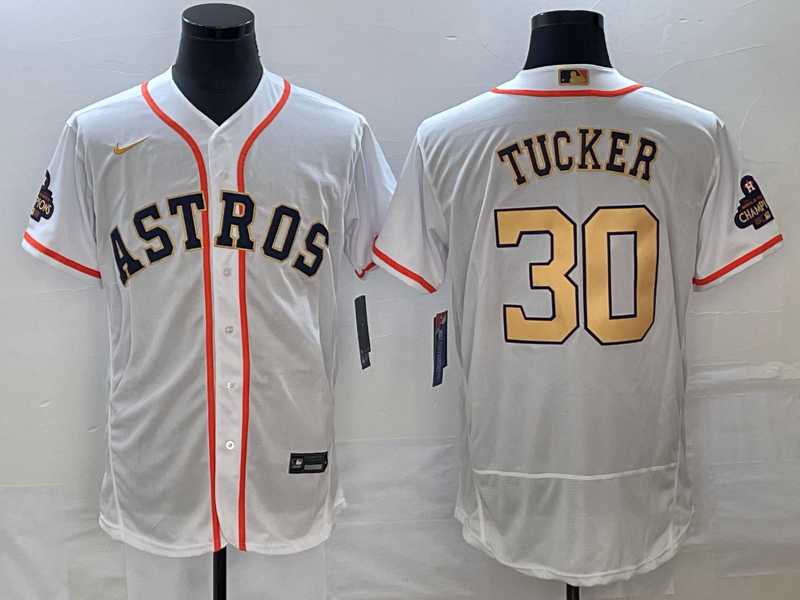 Men%27s Houston Astros #30 Kyle Tucker 2023 White Gold World Serise Champions Patch Flex Base Stitched Jersey